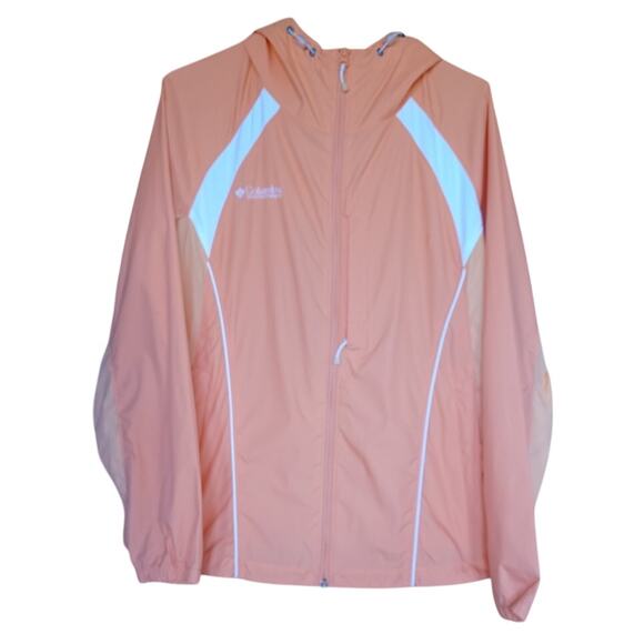 Columbia Orange and White Hooded Windbreaker Rain Jacket Full Zip Women's Large - Picture 2 of 6